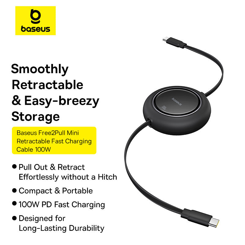 Baseus Free2Pull Mini 1.5m USB-C to USB-C 100W Retractable Cable – Black
