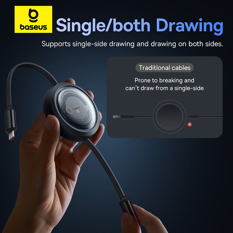 Baseus Free2Draw 1.1m USB-C to M+L+C 100W Retractable Crystal Cable – Black