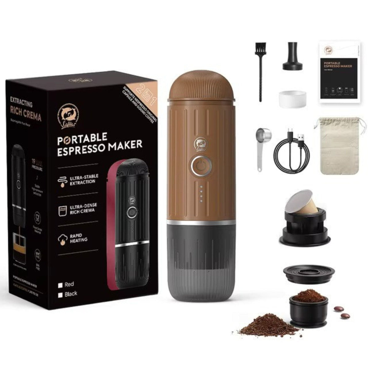 iCafilas 2-in-1 Portable Espresso Maker with Heating - Brown