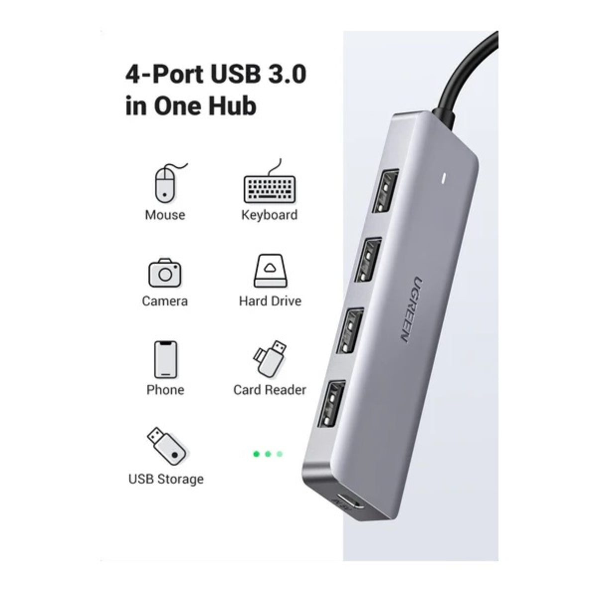 UGREEN موزع USB 3.0 بـ 4 منافذ مع منفذ طاقة USB-C رمادي - CM219