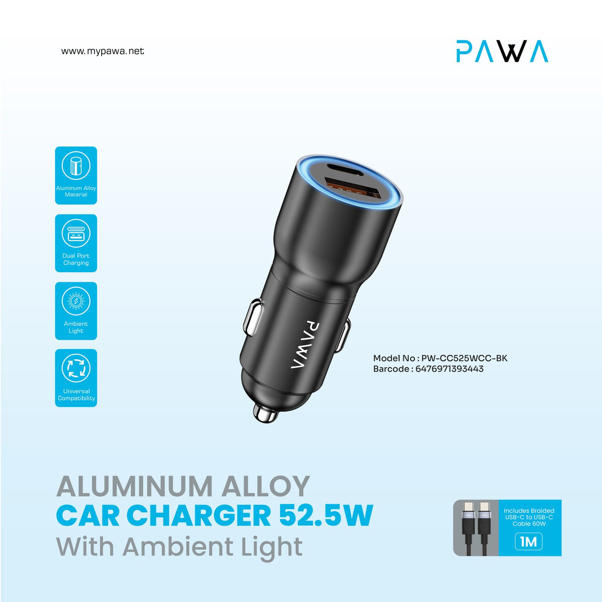 PAWA شاحن سيارة من الألمنيوم 52.5 واط مع إضاءة محيطية وكابل USB-C إلى USB-C 60 واط - أسود