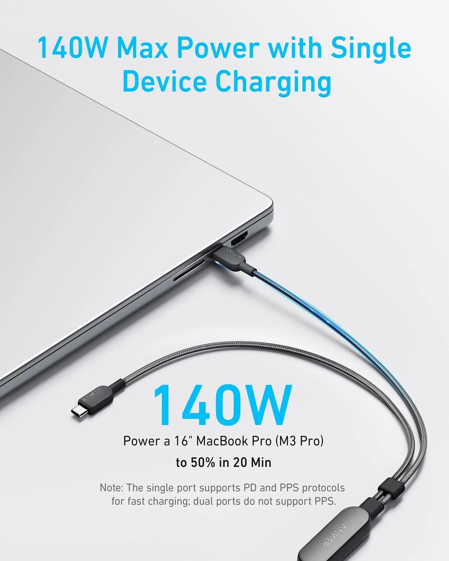 كابل أنكر 2 في 1 USB-C إلى USB-C بقوة 140 واط (1.2 متر/4 قدم) - أسود