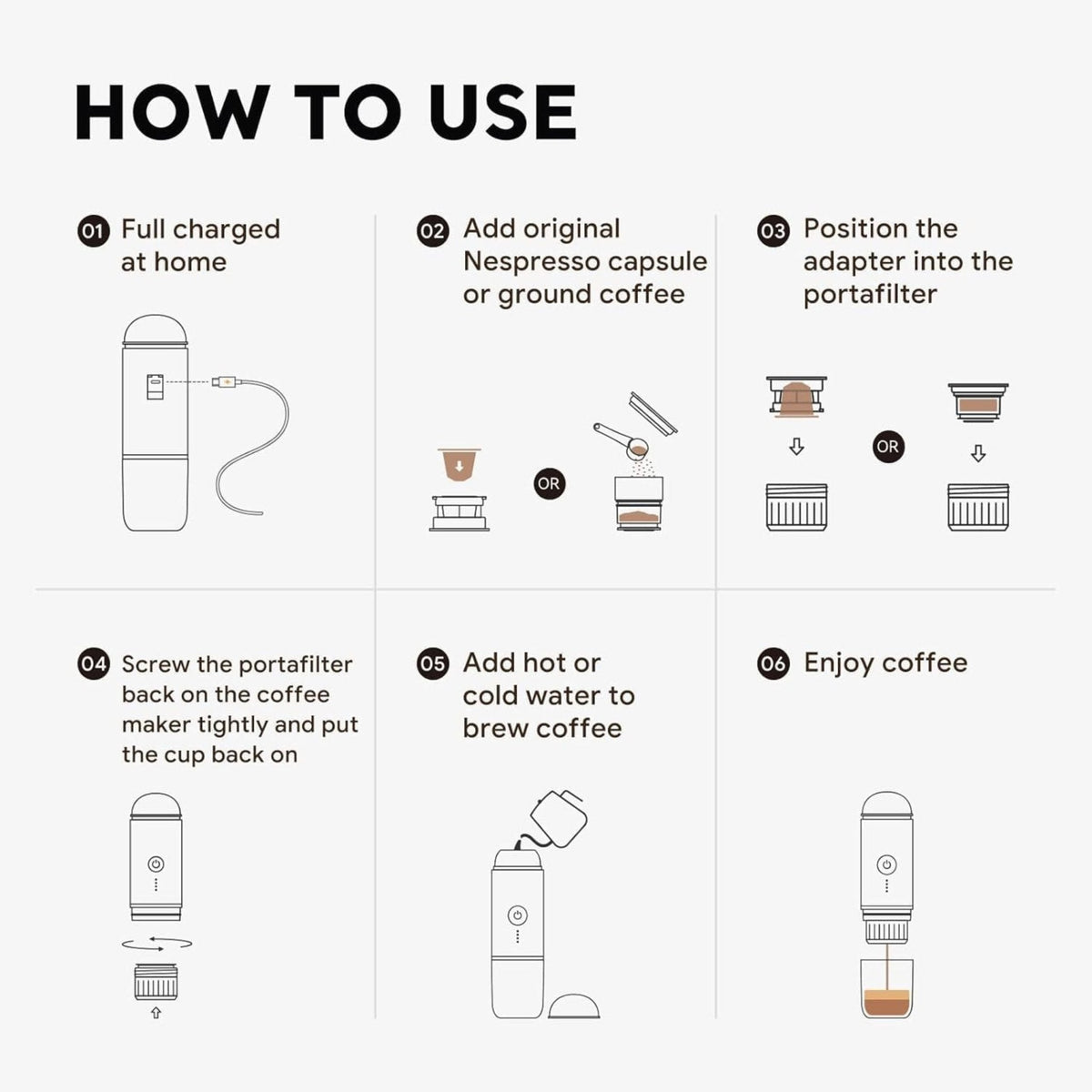 iCafilas 2-in-1 Portable Espresso Maker with Heating - Brown