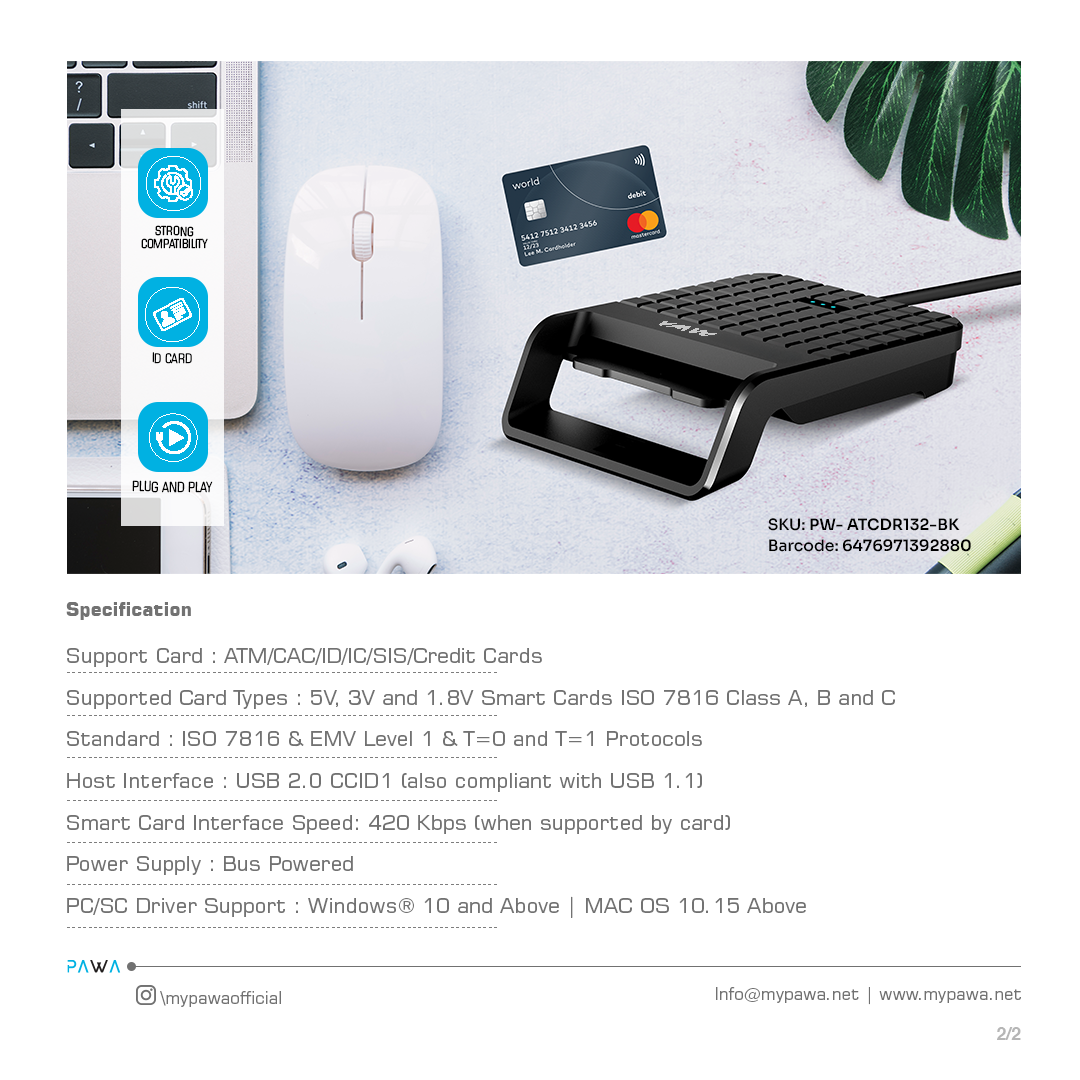 PAWA Slim Single Slot Smart Card Reader - Black