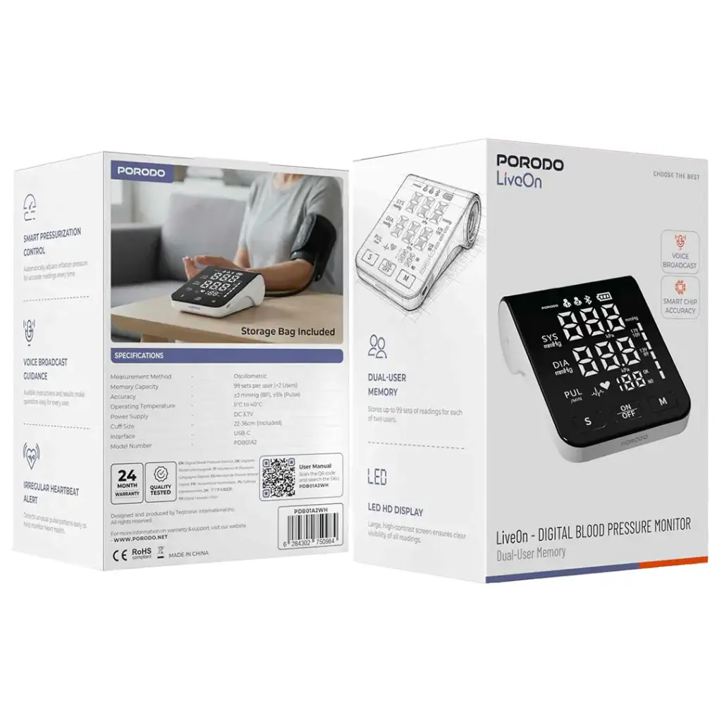 Porodo LiveOn Digital Blood Pressure Monitor Dual-User Memory White