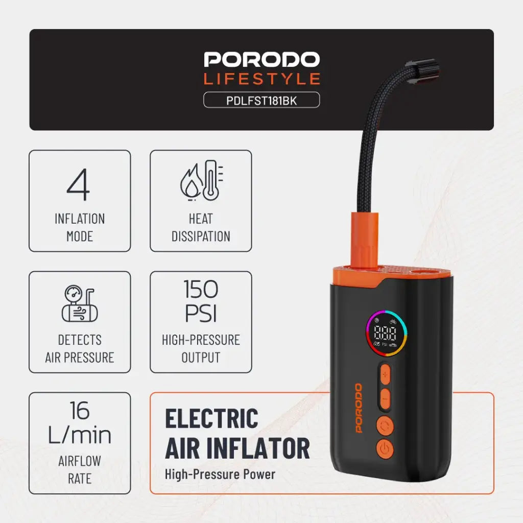 Porodo Lifestyle 55W Portable Tire Inflator 150 PSI Black