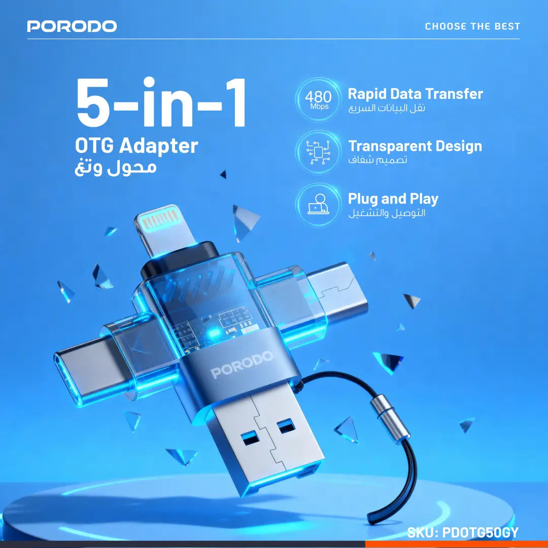 Porodo MINILINK محول OTG شفاف 3 في 1 بمنافذ USB-C وMicro USB وLightning - رمادي