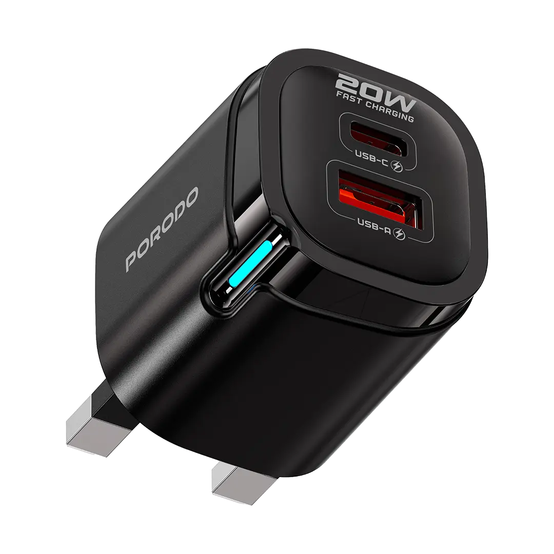 Porodo Tekto شاحن جداري مزدوج بمنفذي USB-A وUSB-C مع كابل USB-C إلى Lightning - أسود