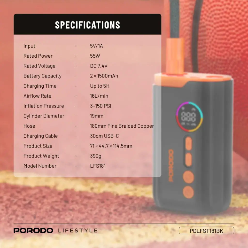 Porodo Lifestyle 55W Portable Tire Inflator 150 PSI Black