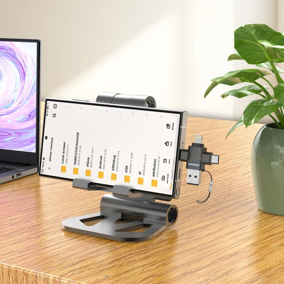 Porodo MINILINK محول OTG شفاف 3 في 1 بمنافذ USB-C وMicro USB وLightning - رمادي