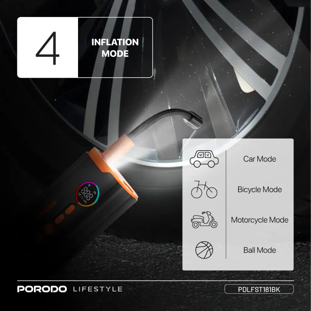 Porodo Lifestyle 55W Portable Tire Inflator 150 PSI Black