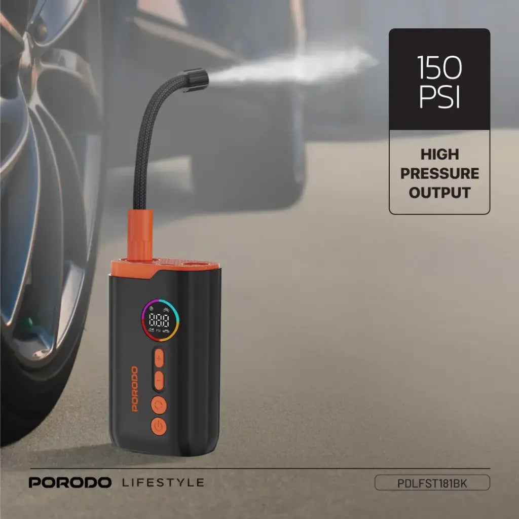 Porodo Lifestyle 55W Portable Tire Inflator 150 PSI Black