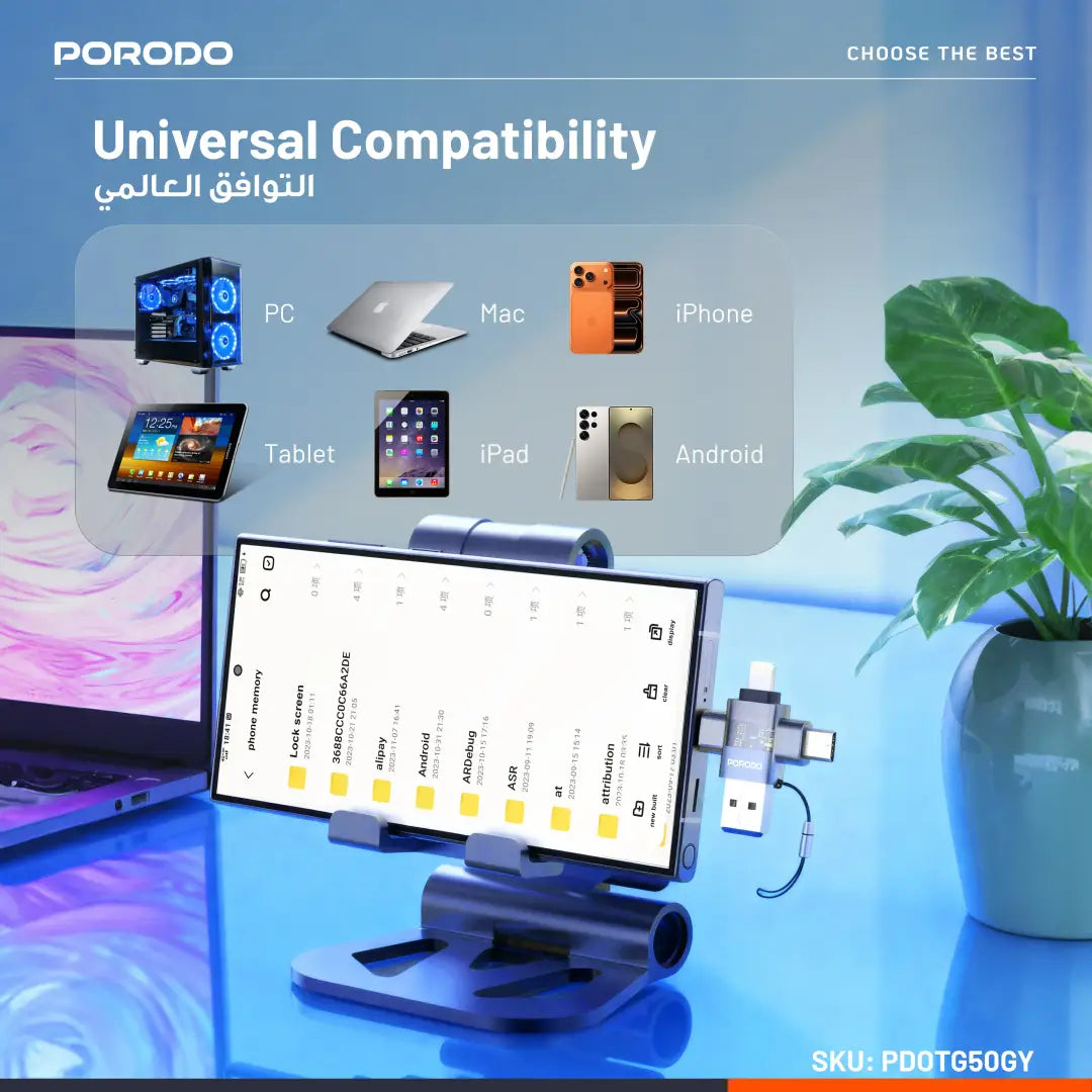 Porodo MINILINK محول OTG شفاف 3 في 1 بمنافذ USB-C وMicro USB وLightning - رمادي