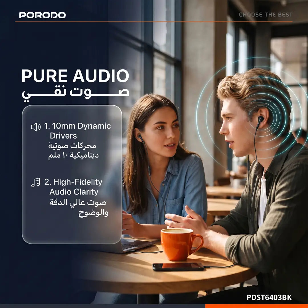 Porodo Soundtec RAY سماعات أذن سلكية ستيريو بمنفذ USB-C وميكروفون مدمج - أسود