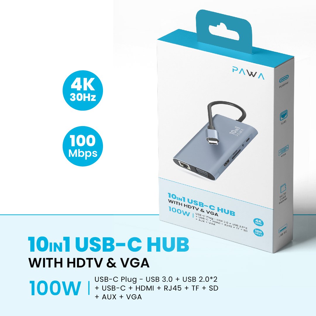 PAWA هب USB-C بـ 10 في 1 مع HDTV و VGA