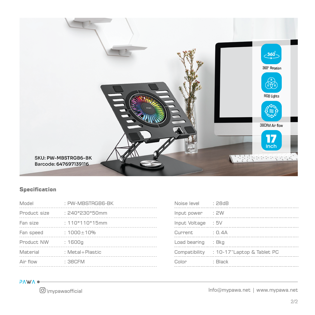 PAWA Laptop Cooling Stand With RGB Light - Black