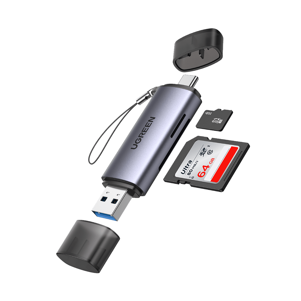 UGREEN قارئ بطاقات USB-C/USB-A أسود - CM185