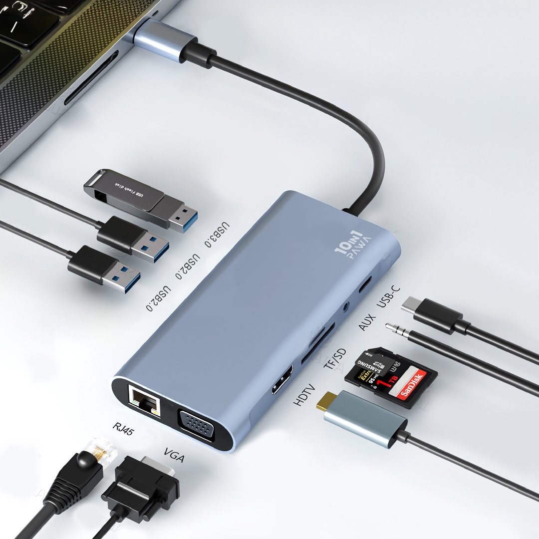 PAWA هب USB-C بـ 10 في 1 مع HDTV و VGA