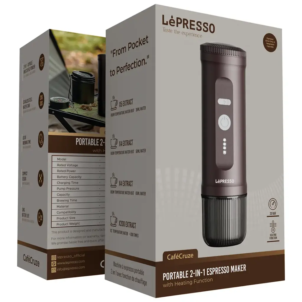 LePresso Portable 2-in-1 Espresso Maker Brown retail box