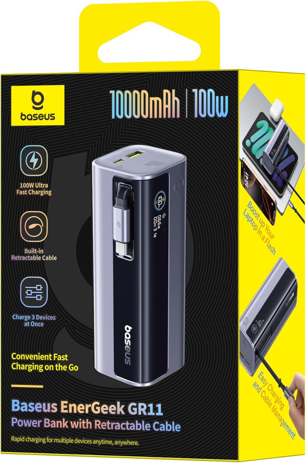 Baseus EnerGeek GR11 Power Bank 10000mAh 100W with Retractable Cable – Grey