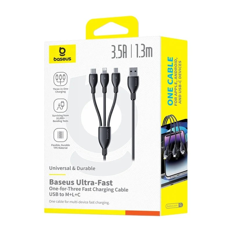 Baseus Ultra-Fast 3-in-1 USB-A to M+L+C 3.5A 1.3m Charging Cable – Black