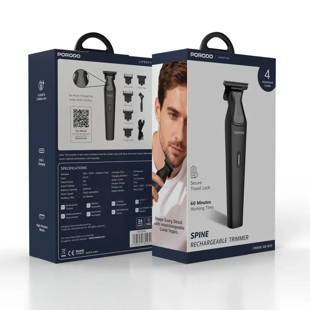 Porodo Lifestyle Spine Rechargeable Trimmer - Black Mockup