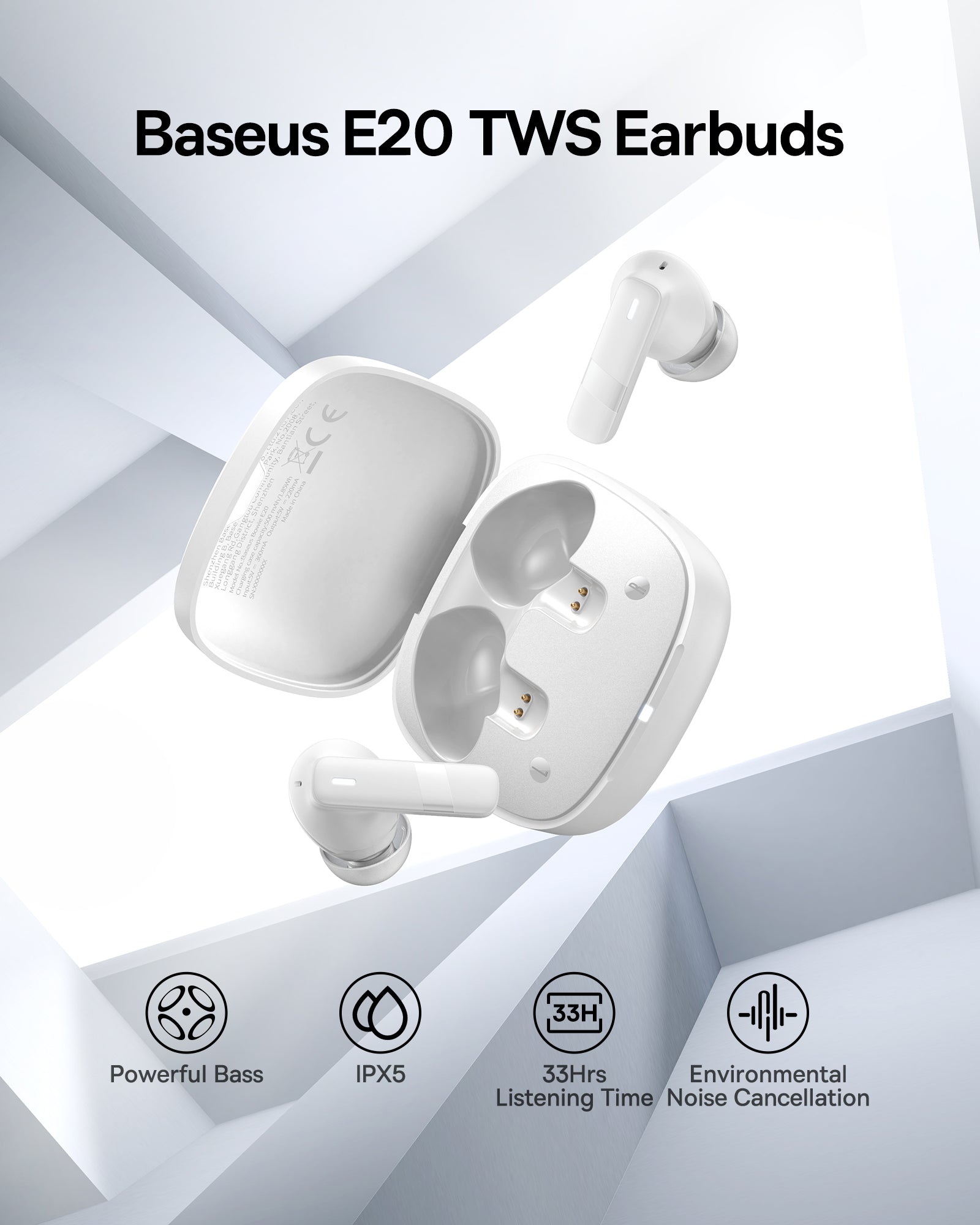 Baseus سماعات أذن لاسلكية حقيقية من بوي E20 - A00069700223-Z2 - أبيض