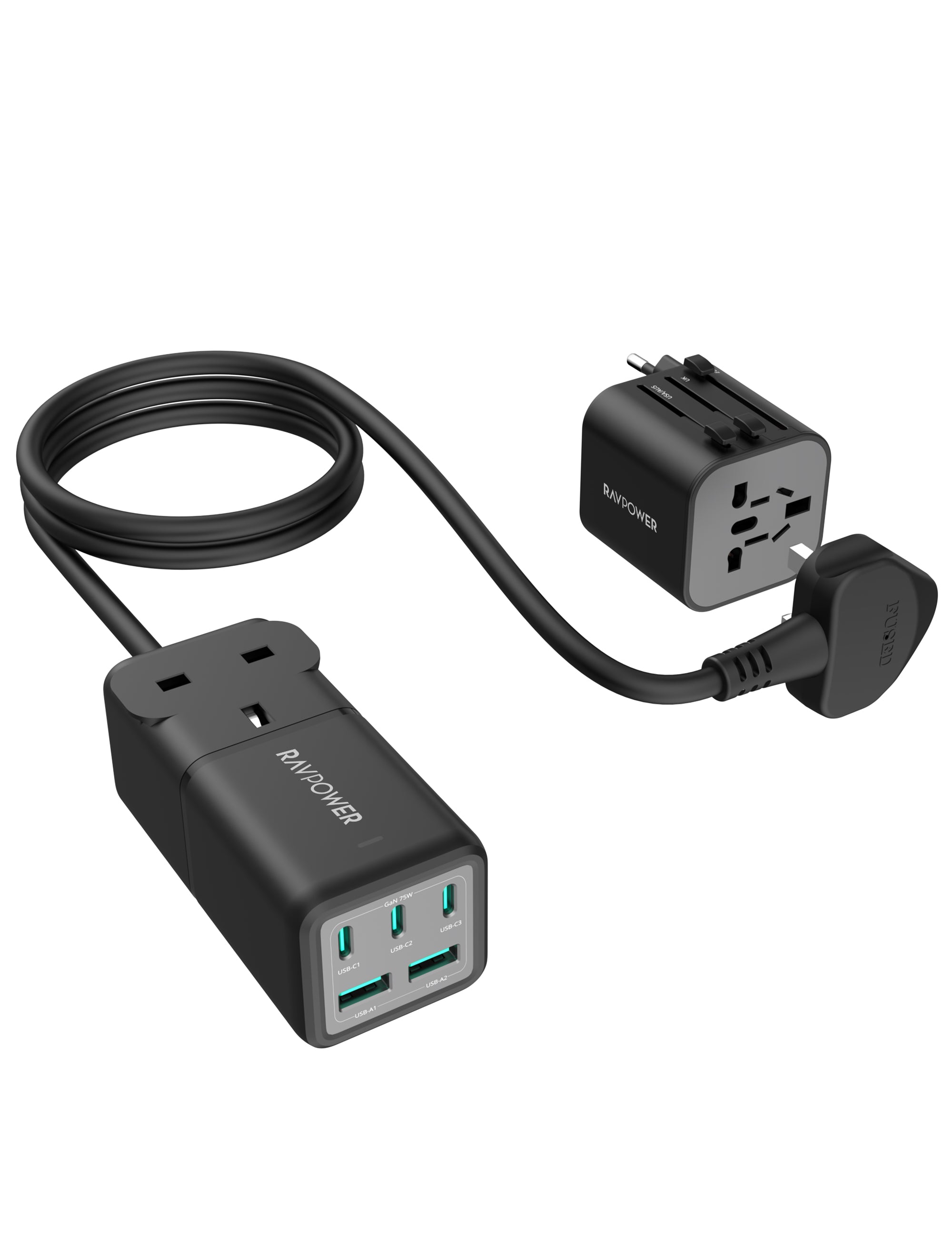 RAVPower 75W Power Strip 5-Port with AC outlets UK plug + Travel charger adapter Offline Black - PC1062