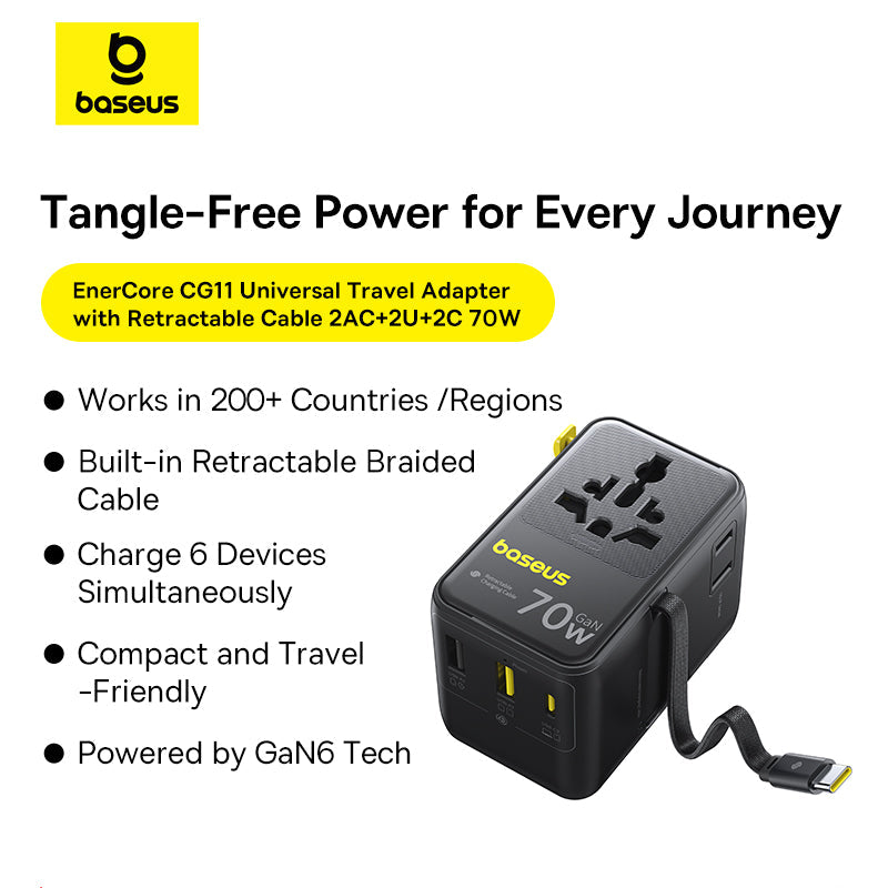 Baseus EnerCore CG11 Universal Travel Adapter 70W with Retractable USB-C - E0307E00