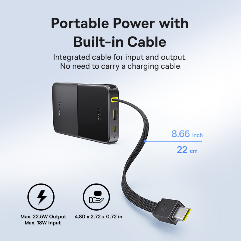 Baseus EnerFill FC51 Bipow2 Pro Digital Display Power Bank with Built-in Cable 10000mAh 22.5W - E0027600 - Cosmic Black