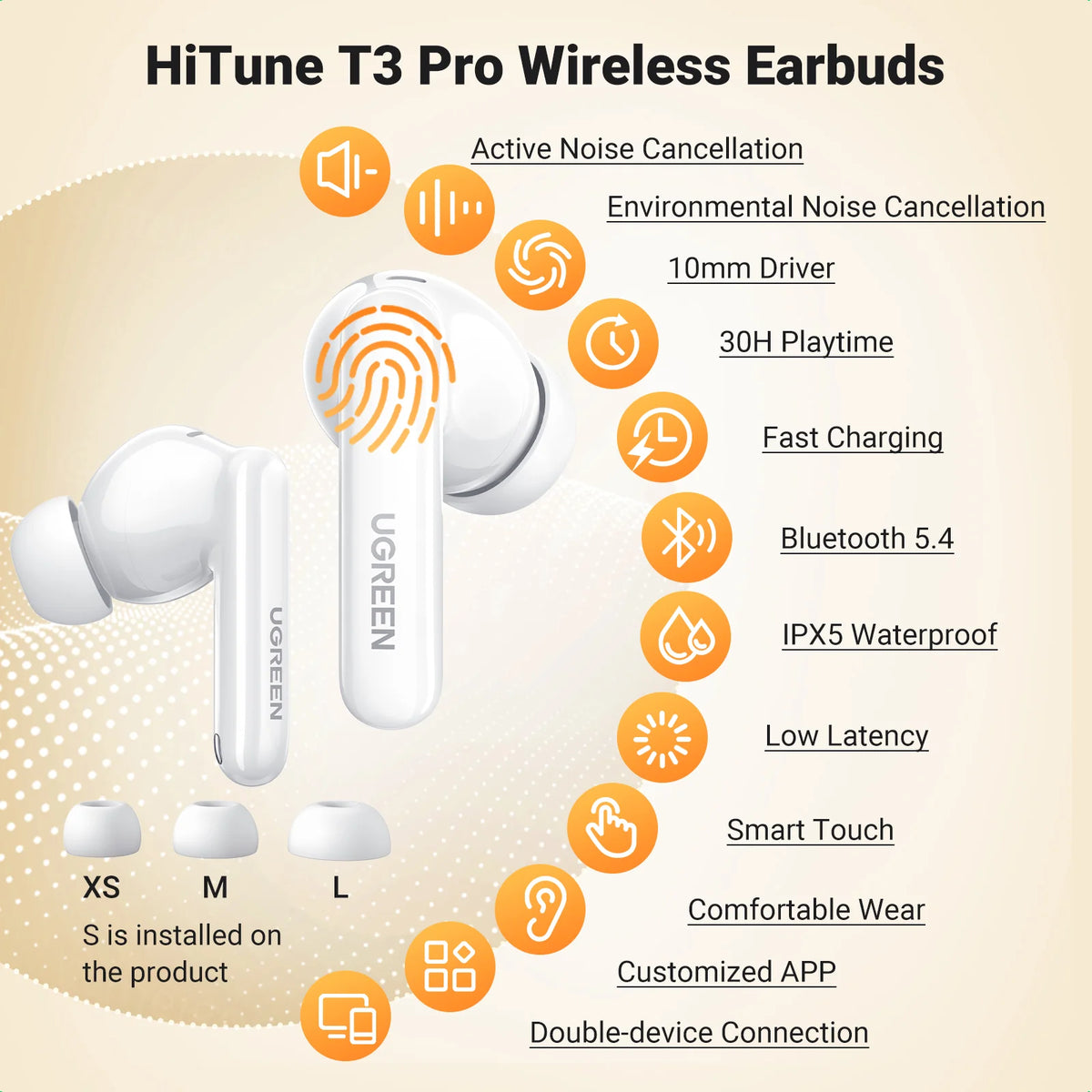 UGREEN HiTune T3 Pro سماعات لاسلكية بإلغاء الضوضاء - أبيض