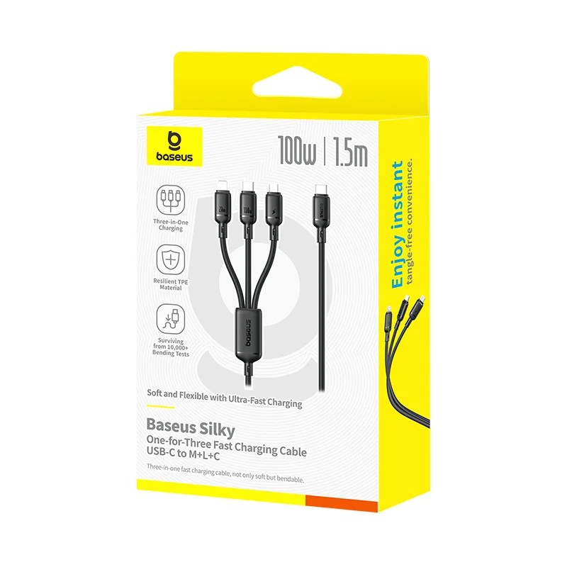 Baseus Silky 1.5m USB-C to M+L+C 100W 3-in-1 Fast Charging Cable – Black