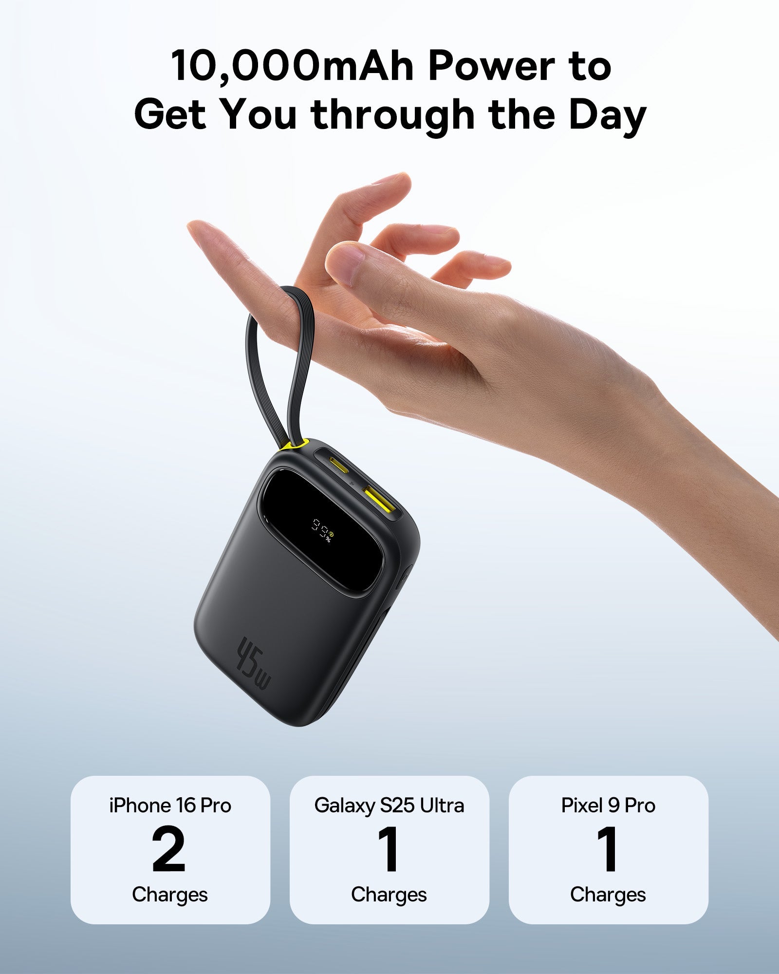 Baseus بنك طاقة EnerFill FC31 Qpow3 بسعة 10000 مللي أمبير وقوة 45 واط مع كابلين USB-C - P10082102123-00 - أسود