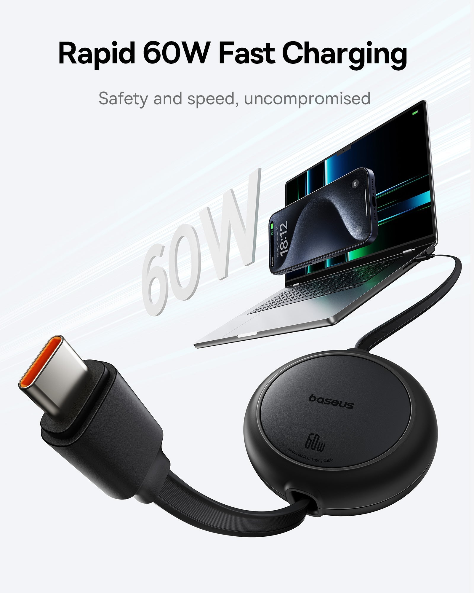 Baseus Free2Pull Mini 1m USB-C to USB-C 60W Charging Cable - P10364500111-01 - Black