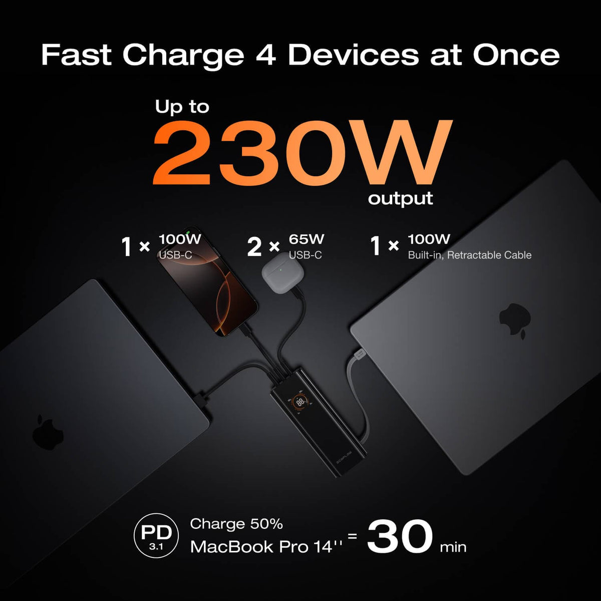 EcoFlow RAPID Pro Power Bank (20,000mAh, 230W, 100W Built-in Cable) - Silver