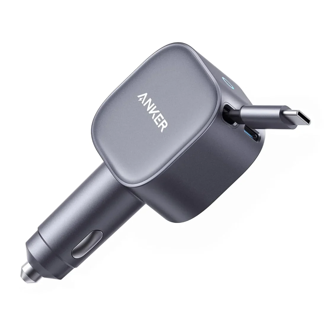 شاحن سيارة أنكر نانو (75 واط، منفذ USB-C، كابل USB-C مدمج قابل للسحب) - فضي