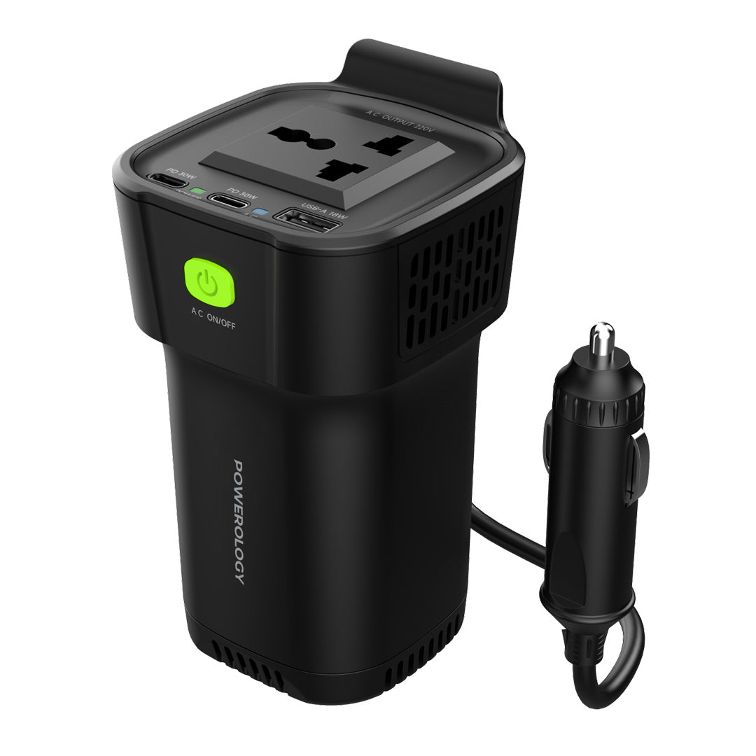 Powerology 150W Cup Holder Power Inverter Dual USB-C & USB-A QC3.0 - P150INVBK - Black