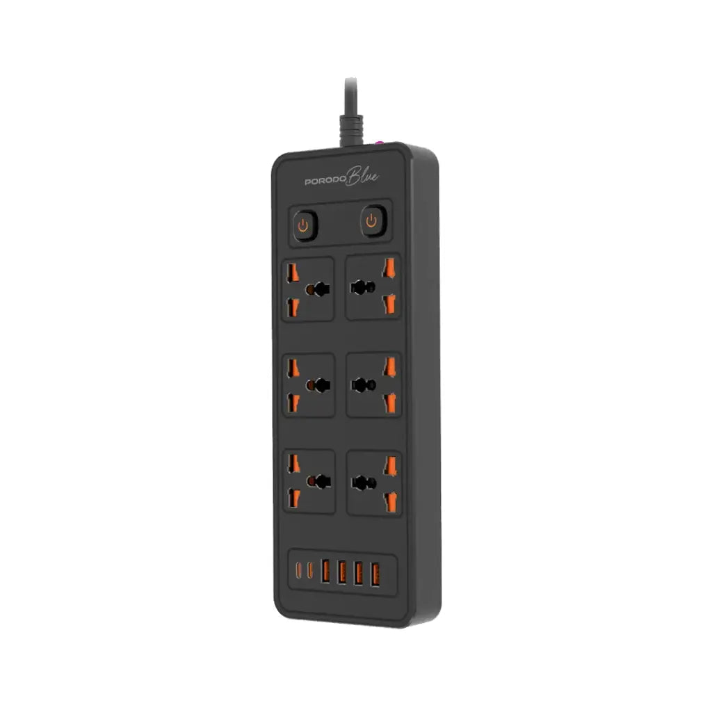 Porodo Blue 6 AC Dual Switch Power Strip - Black