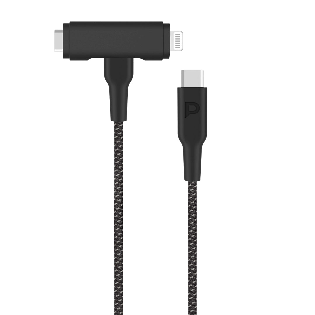Powerology كابل مضفر من USB-C إلى USB-C مع منفذ Lightning لنقل البيانات والشحن السريع، طوله 1.2 متر/4 أقدام - PCAB007BK - أسود