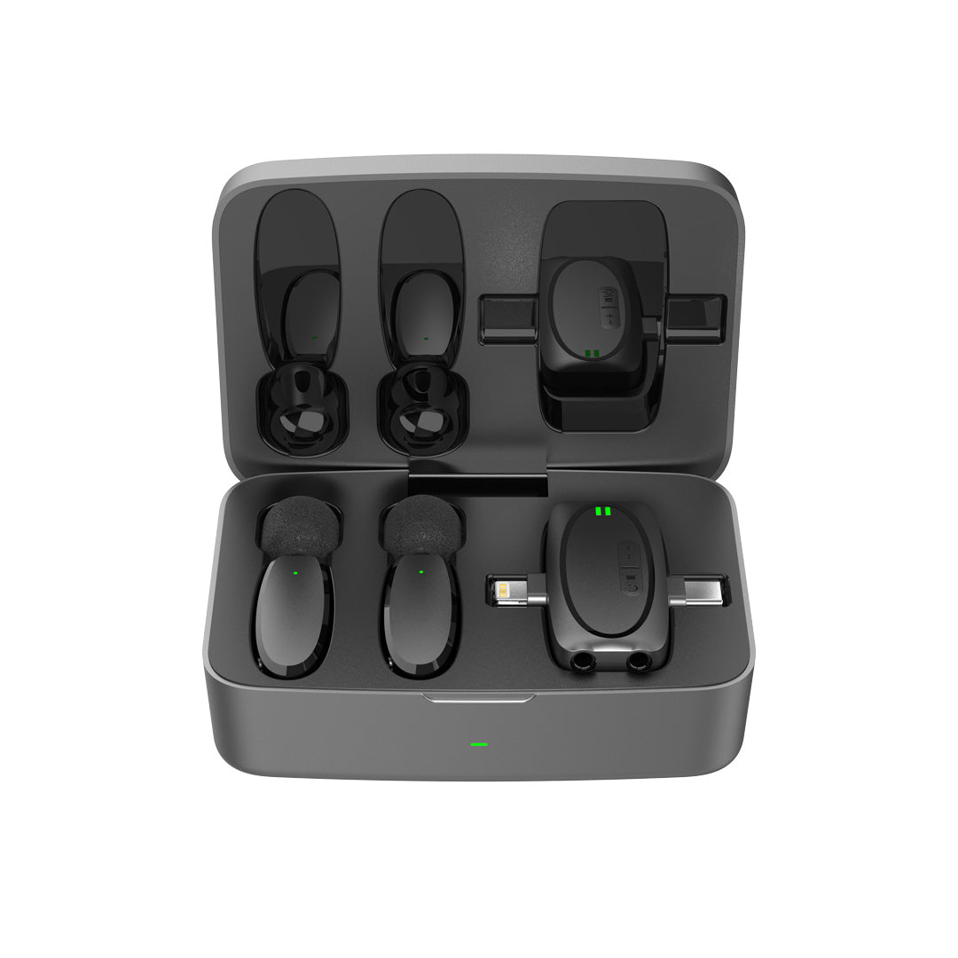 Porodo Wireless Lavalier Microphone & Charging Case Lightning/Type-C/3.5mm AUX In/Out - PD-2MLAVCC-BK