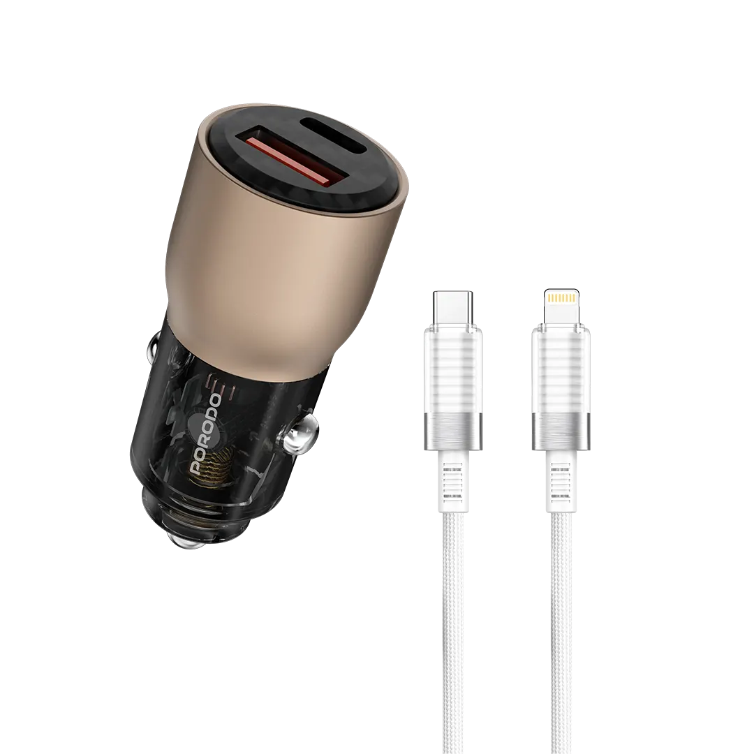 Porodo 95W Car Charger Transparent With 0.9M Lightning Cable - PDFWCH048LGY