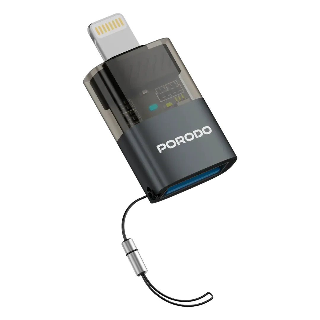 Porodo MINILINK محول OTG شفاف من USB-A إلى Lightning - رمادي