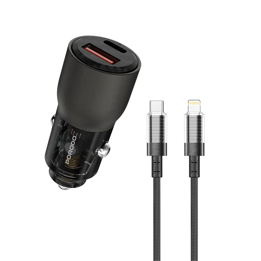 Porodo 95W Car Charger Transparent With 0.9M Lightning Cable - PDFWCH048LGY