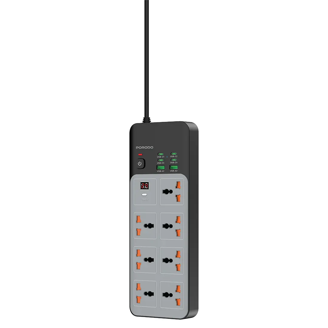 Porodo 3000W | 7AC Universal Power Strip with 6 USB Ports (4C + 2A) - PDFWCH099GY