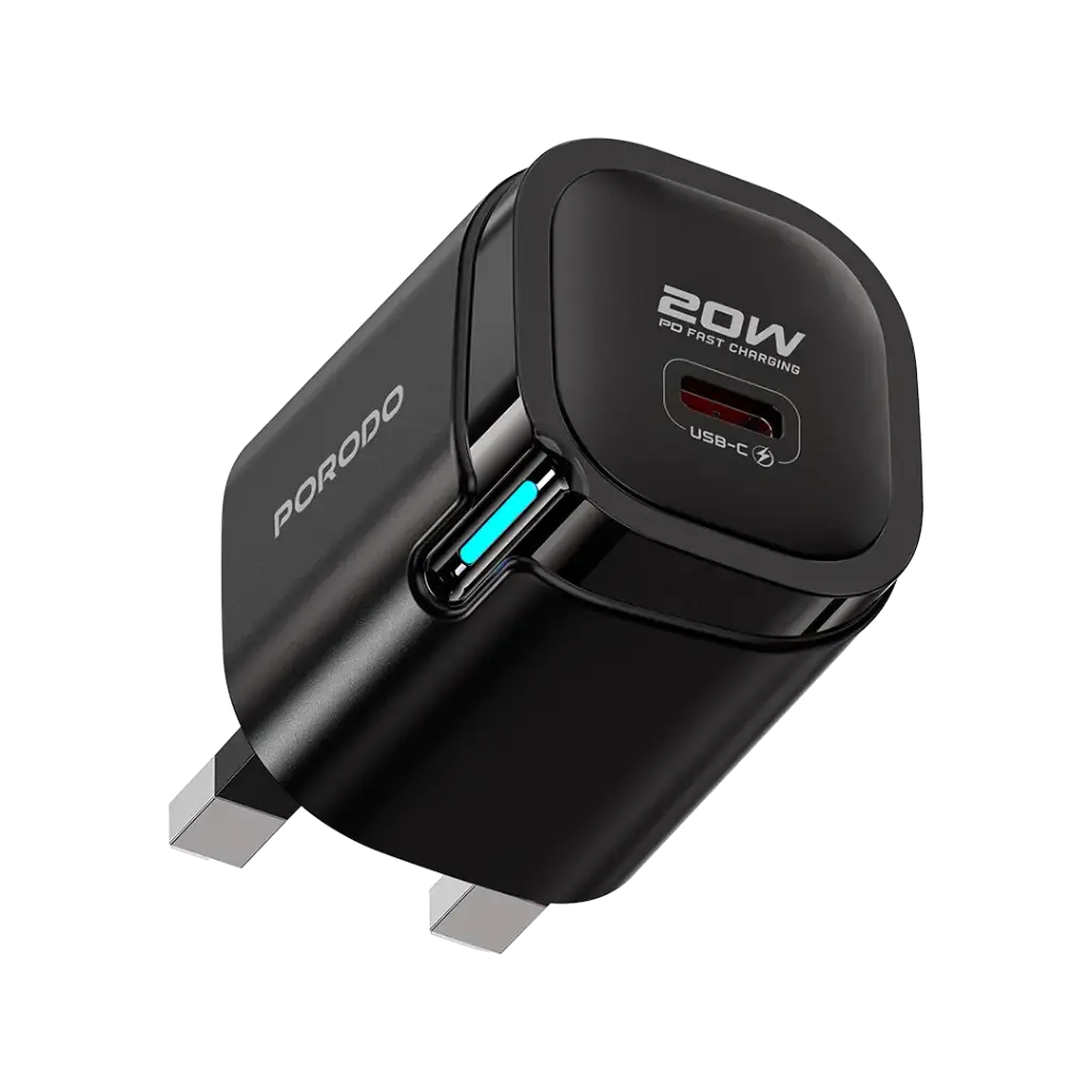Porodo Tekto شاحن جداري USB-C بقدرة 20 واط مع كابل USB-C إلى لايتننغ - أسود