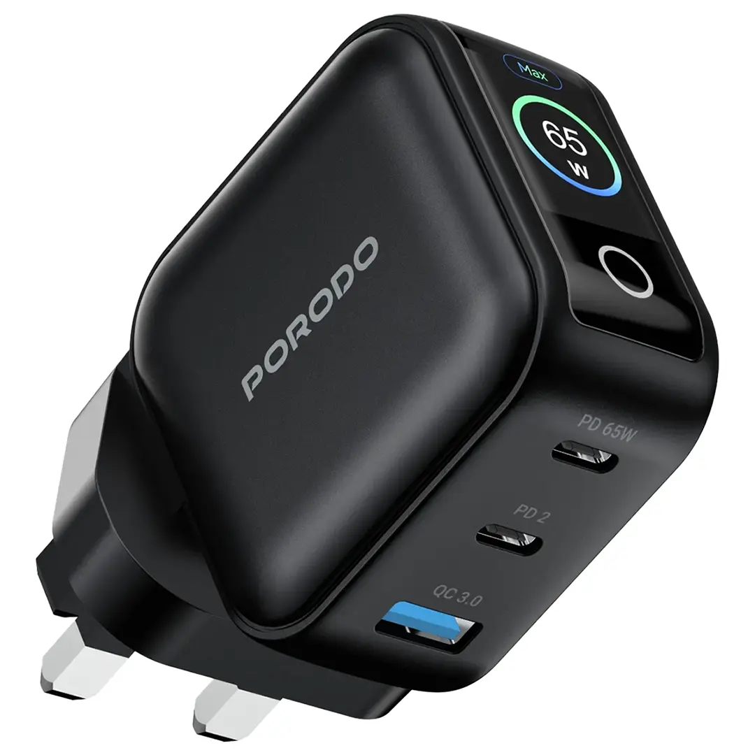 Porodo Nexora 65W 3-Port Wall Charger with LCD Display - PDWCP5265BK