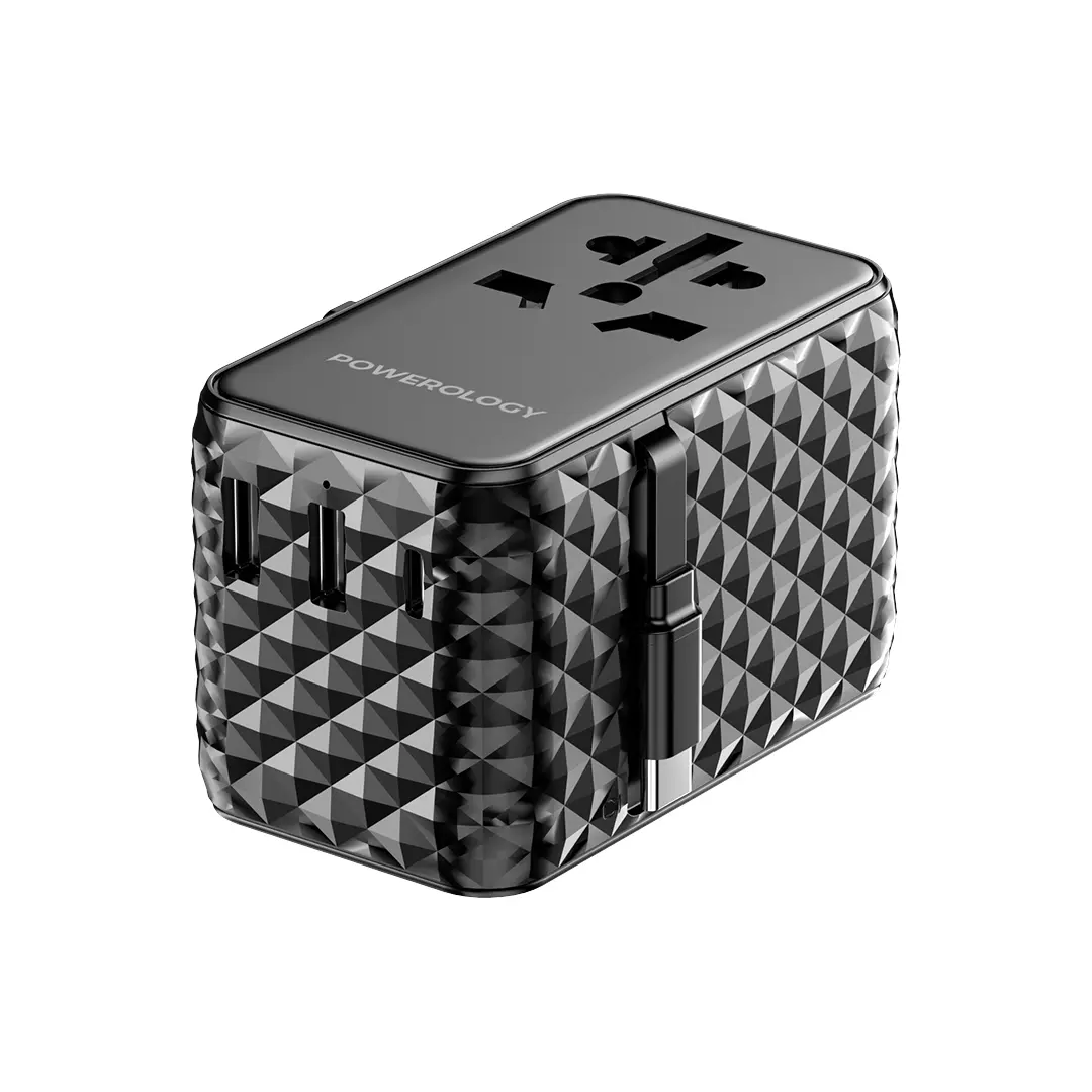 Powerology GaN 20W PD Universal Adapter Retractable Type-C Cable - PWCUQC028-BK - Black