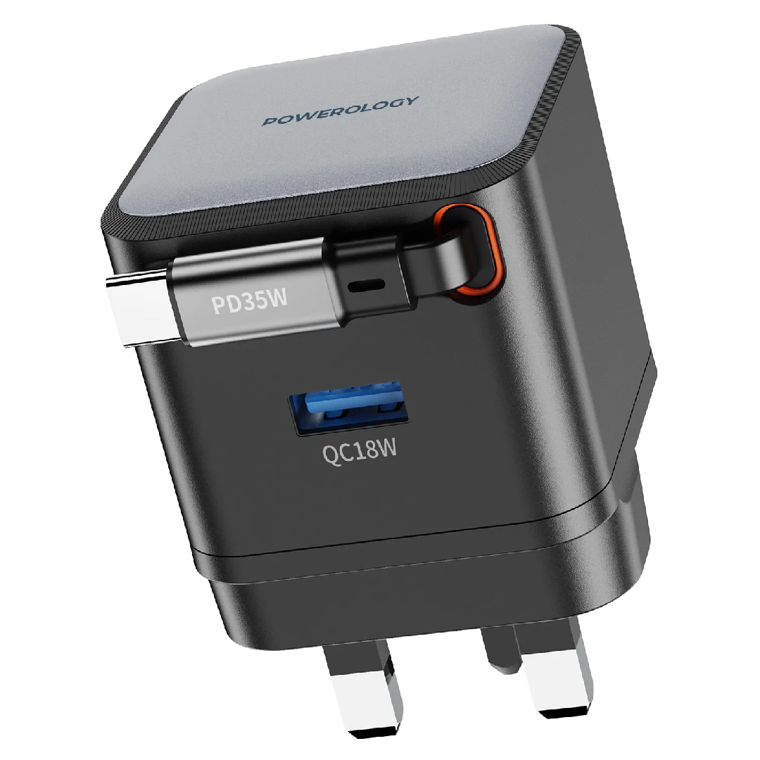 Powerology Dual Port | Retractable GaN Charger - PWCUQC032BK - Black