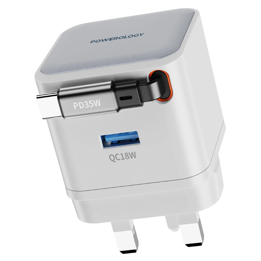 Powerology Dual Port | Retractable GaN Charger - PWCUQC032WH - White