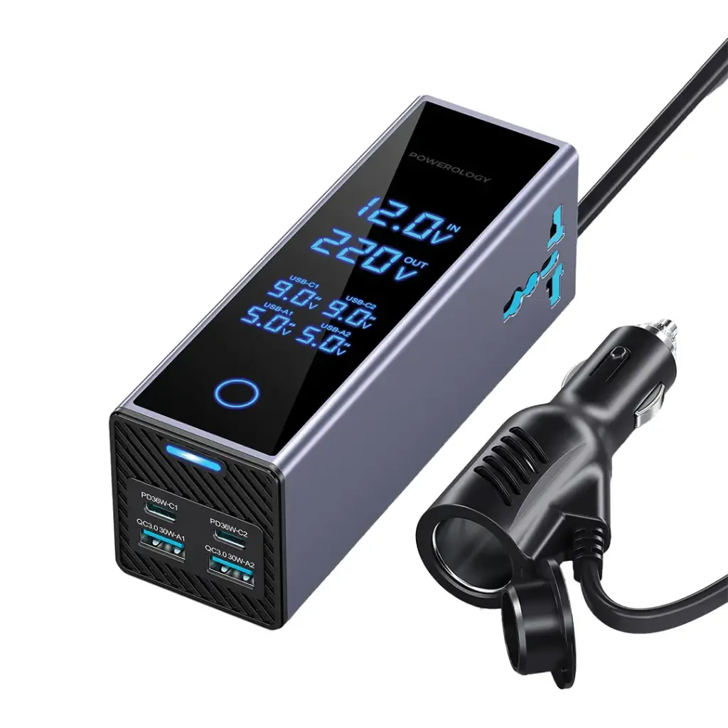 Powerology 300W Car Power Inverter with Digital Display - Grey